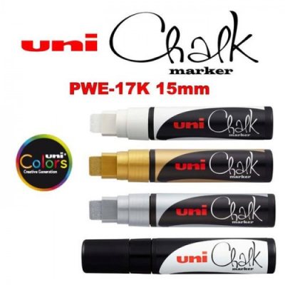 Меловой маркер - жидкий мел Uni Chalk PWE-17K скошенный наконечник 15 мм Чёрный