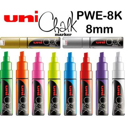 Меловой маркер - жидкий мел Uni Chalk PWE-8K скошенный наконечник 8 мм Чёрный