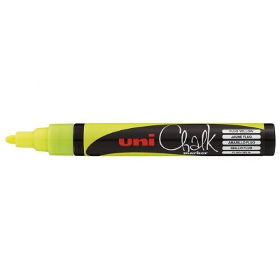 Меловой маркер - жидкий мел Uni Chalk PC-5M пулевидный наконечник 1.8-2.5 мм Флуоресцентно-жёлтый