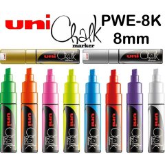 Меловой маркер - жидкий мел Uni Chalk PWE-8K скошенный наконечник 8 мм Серебряный