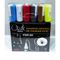 Набор меловых маркеров Uni Chalk 5M 1,8-2,5мм Стандартные цвета, в пластиковой упаковке, 6 шт